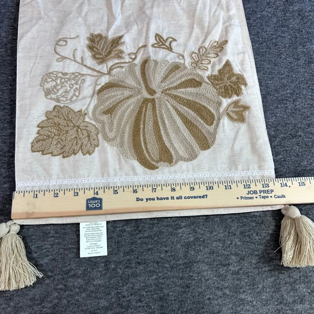 JCPenney Home Pumpkin Embroidered Table Runner 14x72 Fall Decor Tassels Cream
